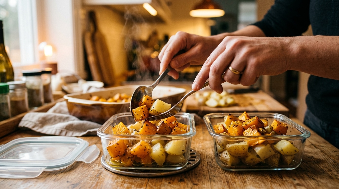 Mise en boîtes hermétiques de courge et pommes de terre cuites