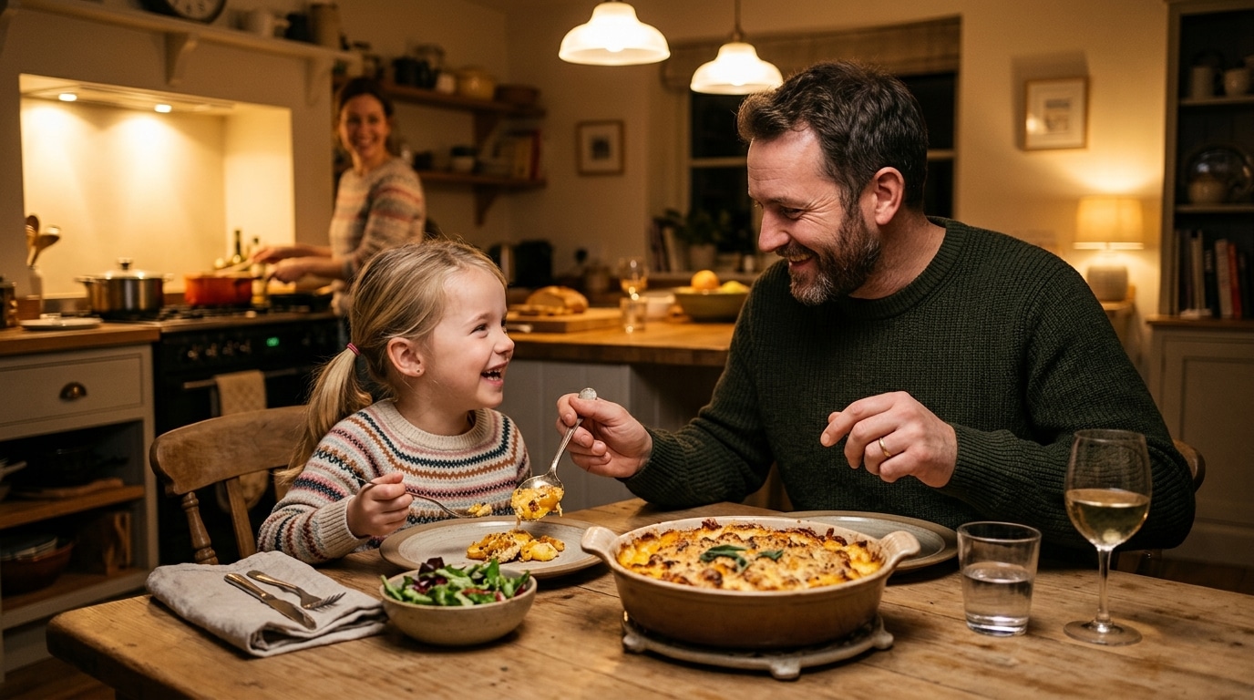 Gratin de courge et fromage partagé en famille le soir