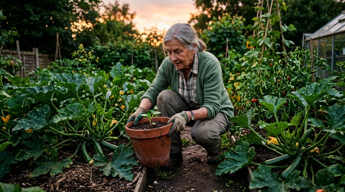 Jardinier soulève un pot en terre cuite près des courgettes