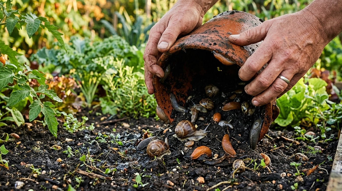 Limaces cachées sous un pot retourné le matin au potager