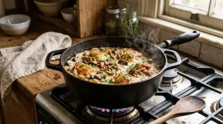 Cocotte en fonte avec poulet sauté aux champignons