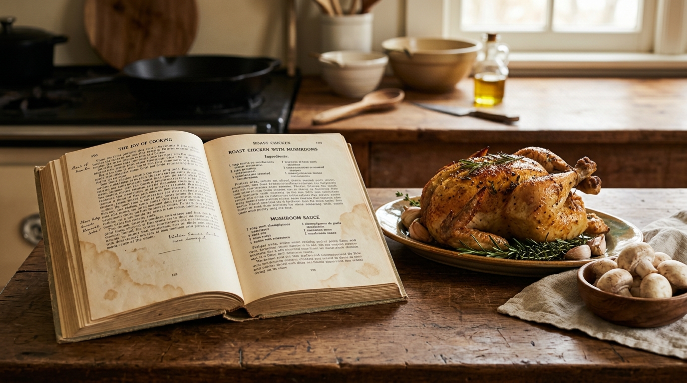 Poulet rôti et champignons près d'un livre ancien