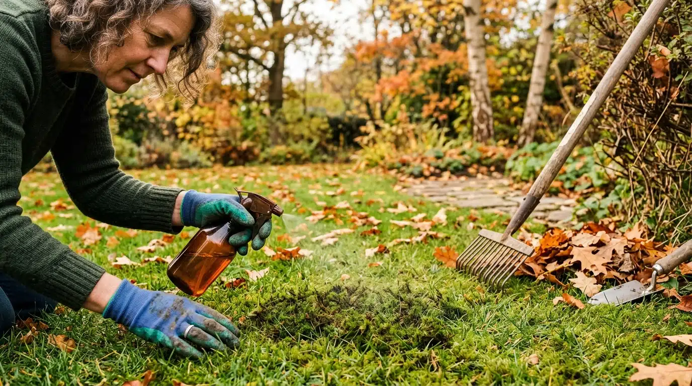 Mains gantées pulvérisant un mélange sur le gazon