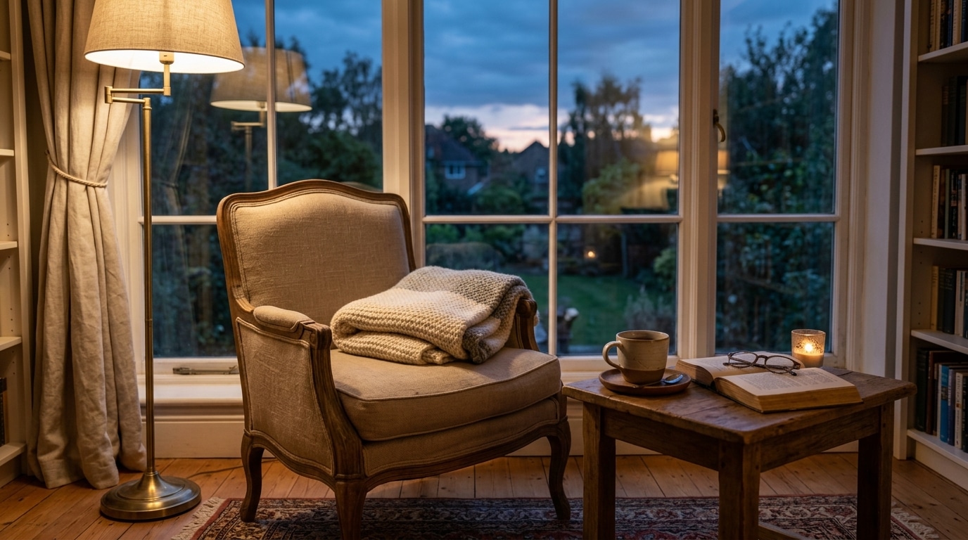 Fauteuil vide près d'une fenêtre au crépuscule