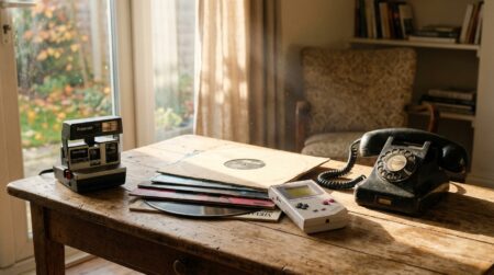 Objets vintage nostalgiques sur une table en bois