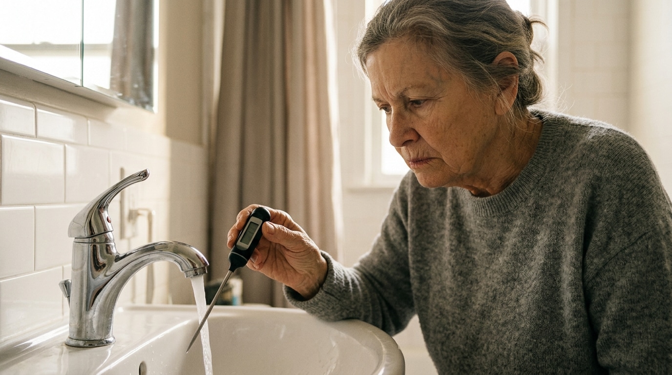 Main testant la température de l'eau au thermomètre