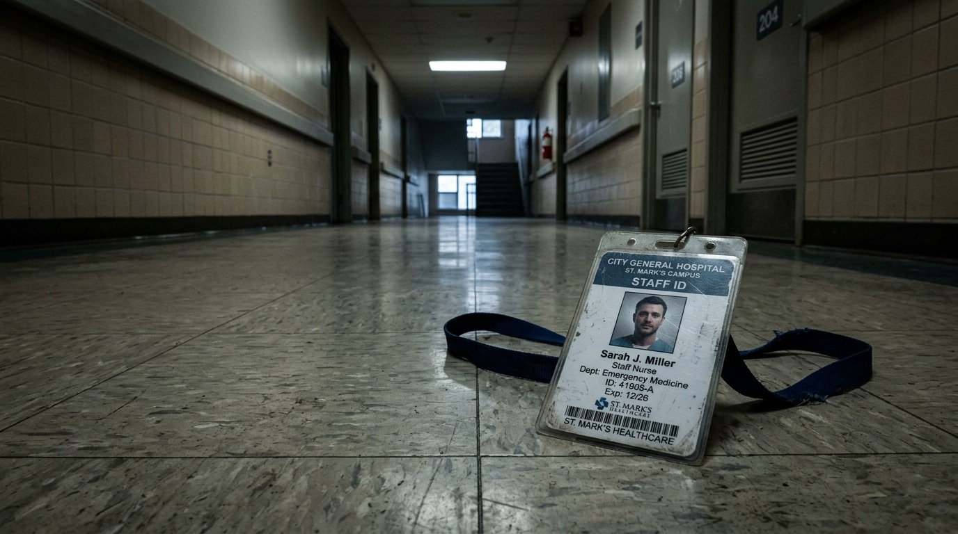 Badge professionnel abandonné au sol d'un couloir d'hôpital