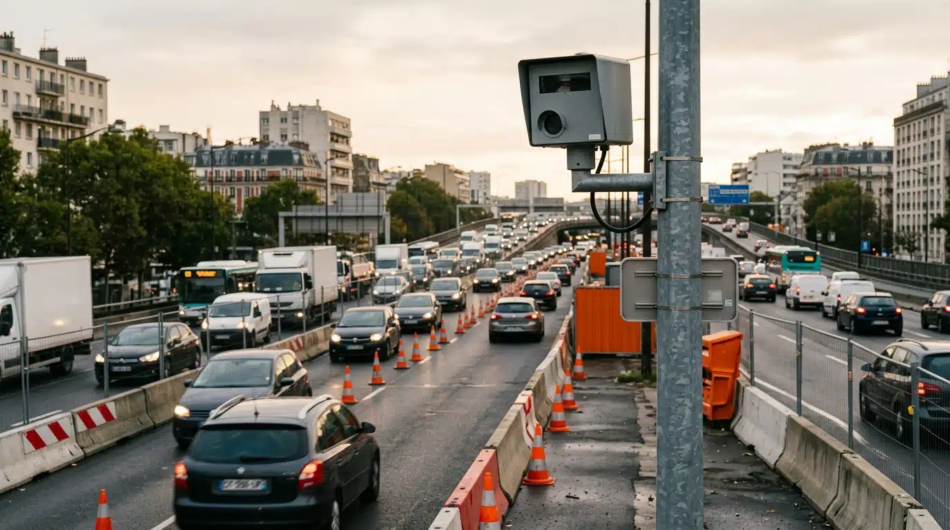 Radar de vitesse installé sur une zone de chantier routier