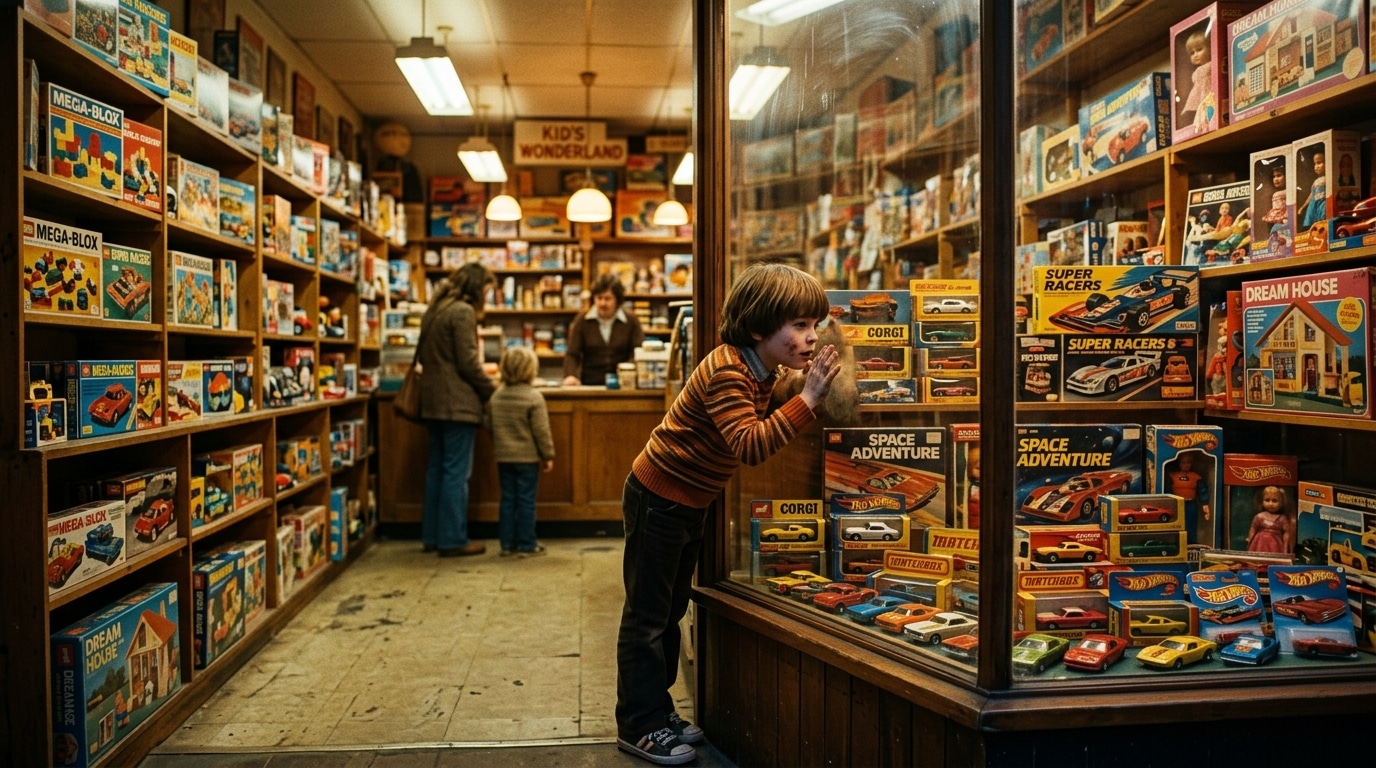 Vitrine d'un magasin de jouets vintage des années 70