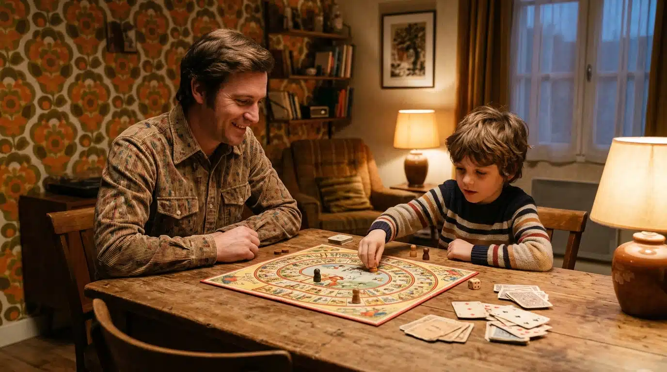 Famille jouant à un jeu de société rétro à table