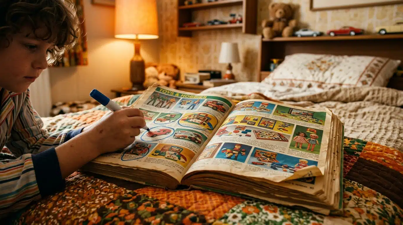 Catalogue de jouets usé feuilleté par un enfant
