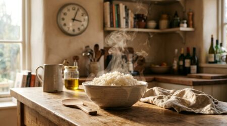 Bol de riz blanc cuit refroidissant sur un plan de travail