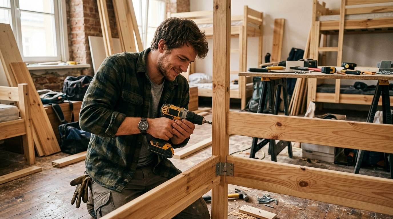 Voyageur réparant un lit avec une perceuse électrique