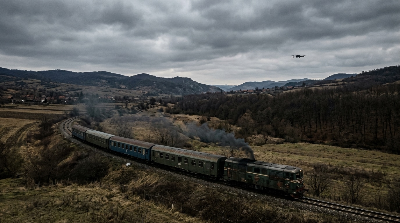 Train sur une voie ferrée surveillé par un drone