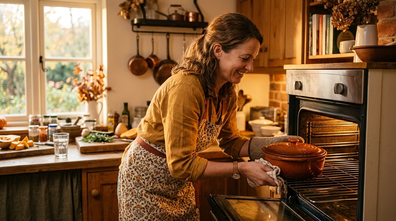 Femme enfournant un plat de risotto de courge