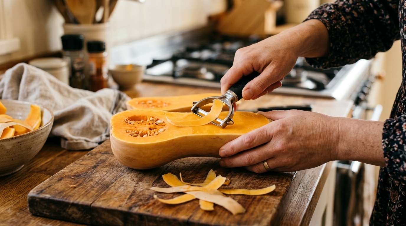 Épluchage d'une courge butternut coupée en deux
