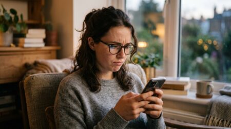 Femme regardant son téléphone avec inquiétude le soir