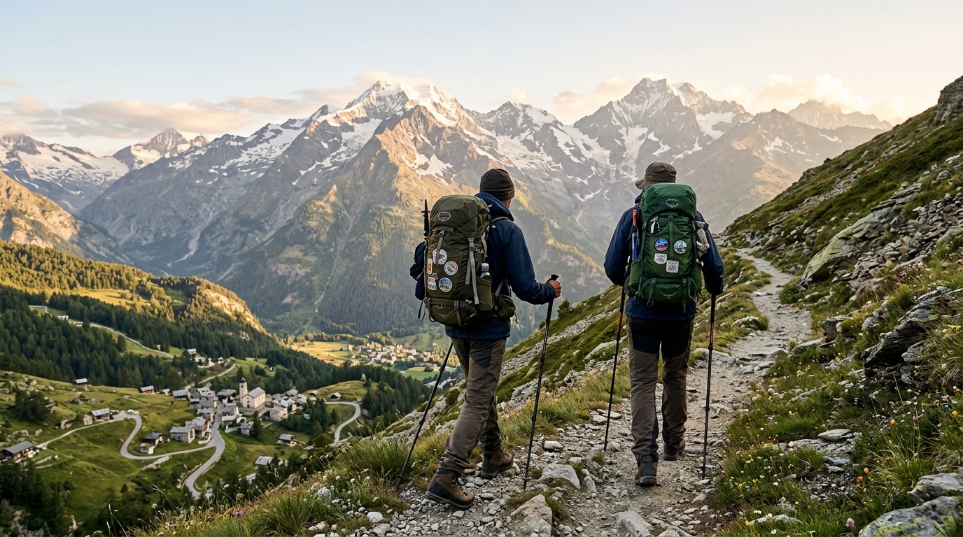 Pèlerin marchant sur la Via Francigena dans les Alpes