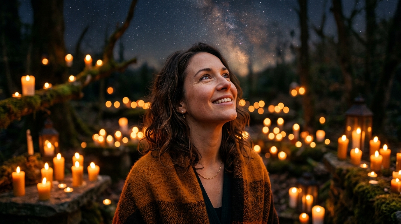 Femme souriante sous un ciel étoilé mystique et doré