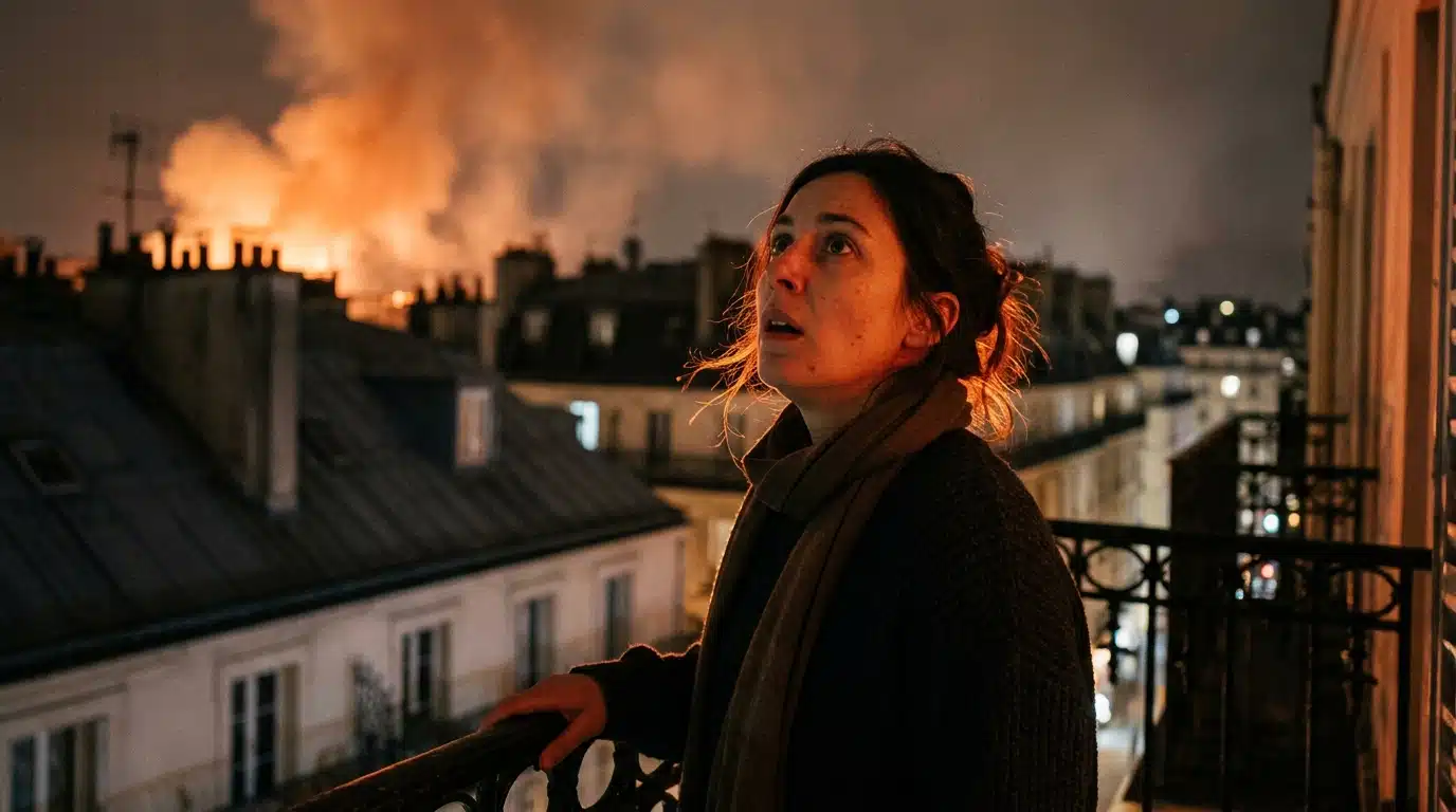 Riverain regardant l'incendie depuis son balcon