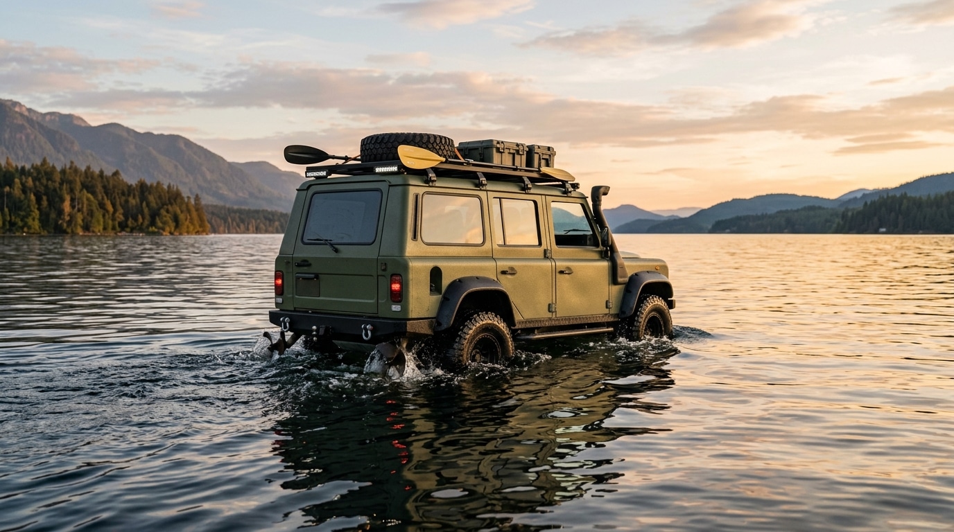 SUV hybride flottant sur l'eau avec hélices arrière