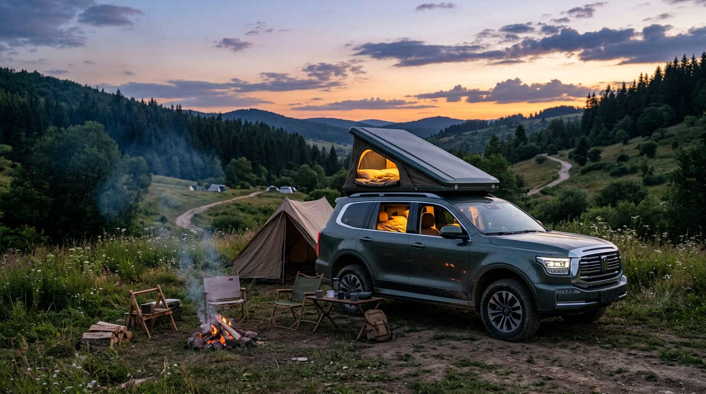 SUV chinois avec toit relevé transformé en camping-car