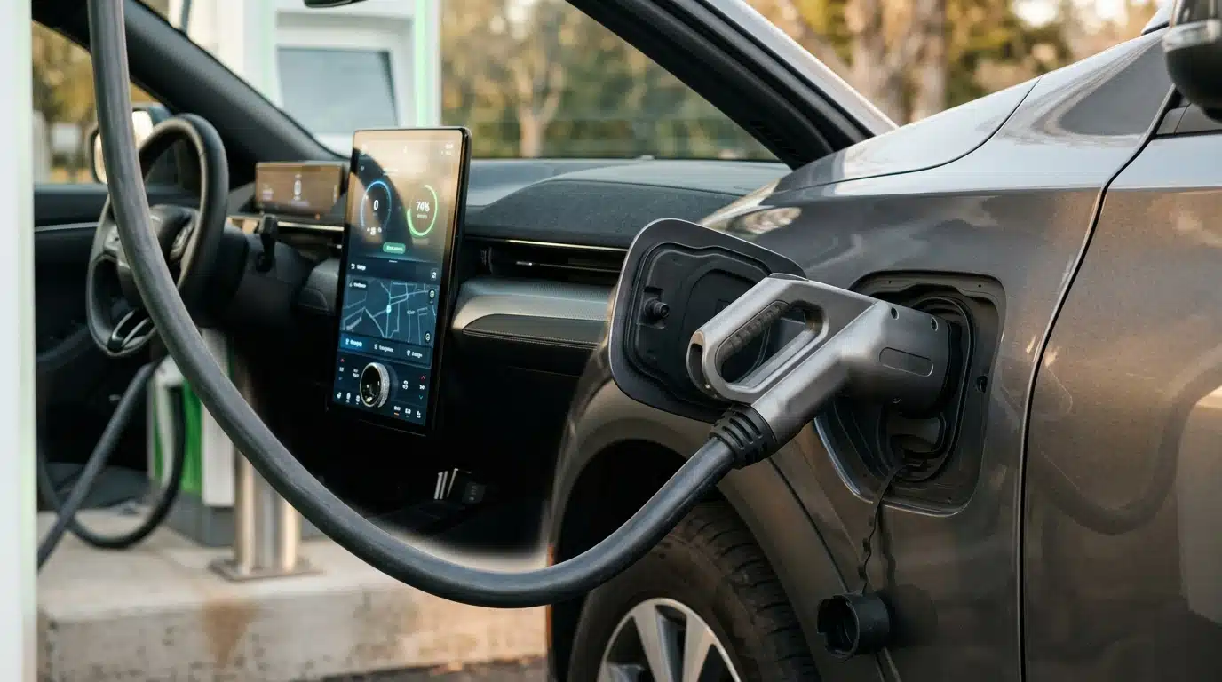 Câble de recharge branché sur un SUV électrique