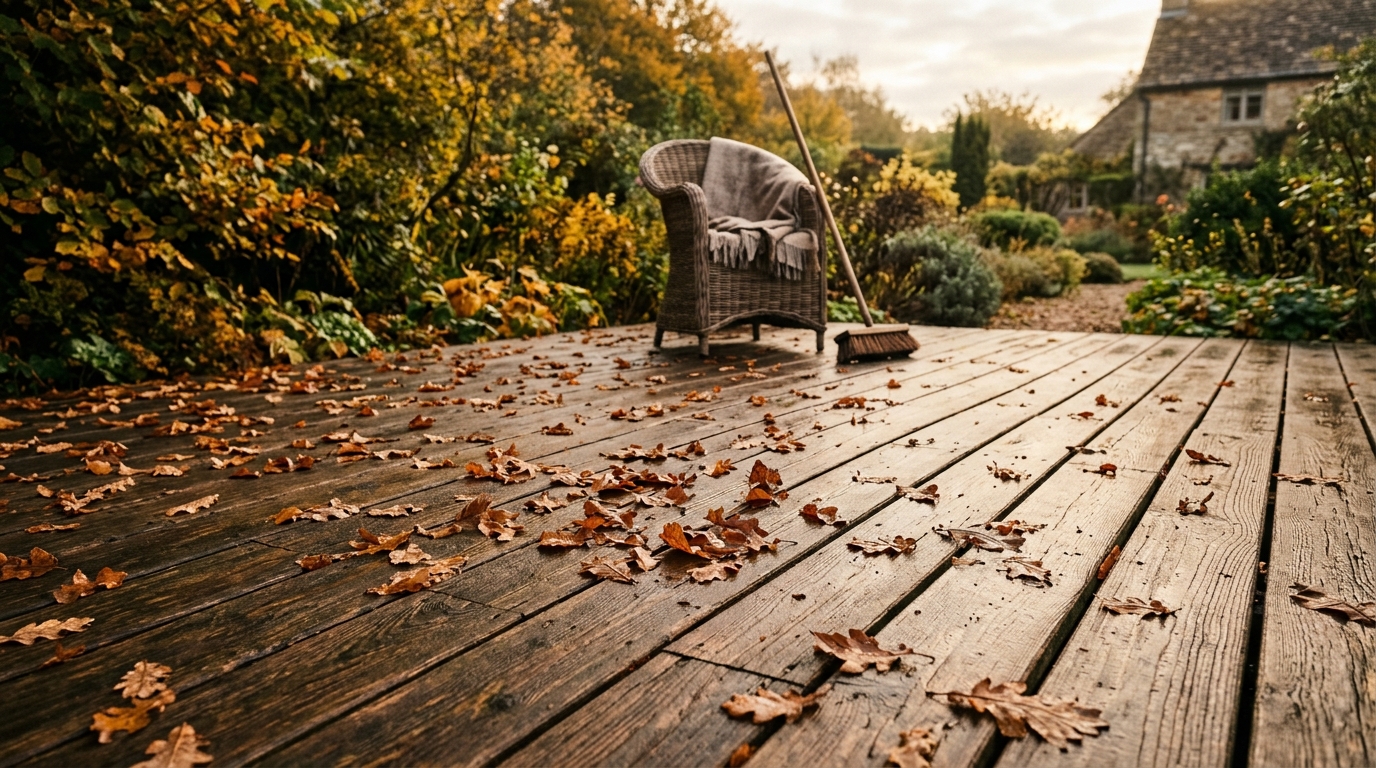 Feuilles mortes trempées sur lames de terrasse en bois