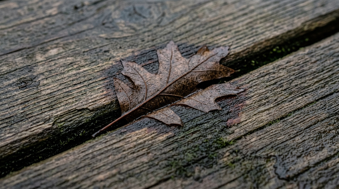 Tache de tanin sombre entre deux planches de bois humide