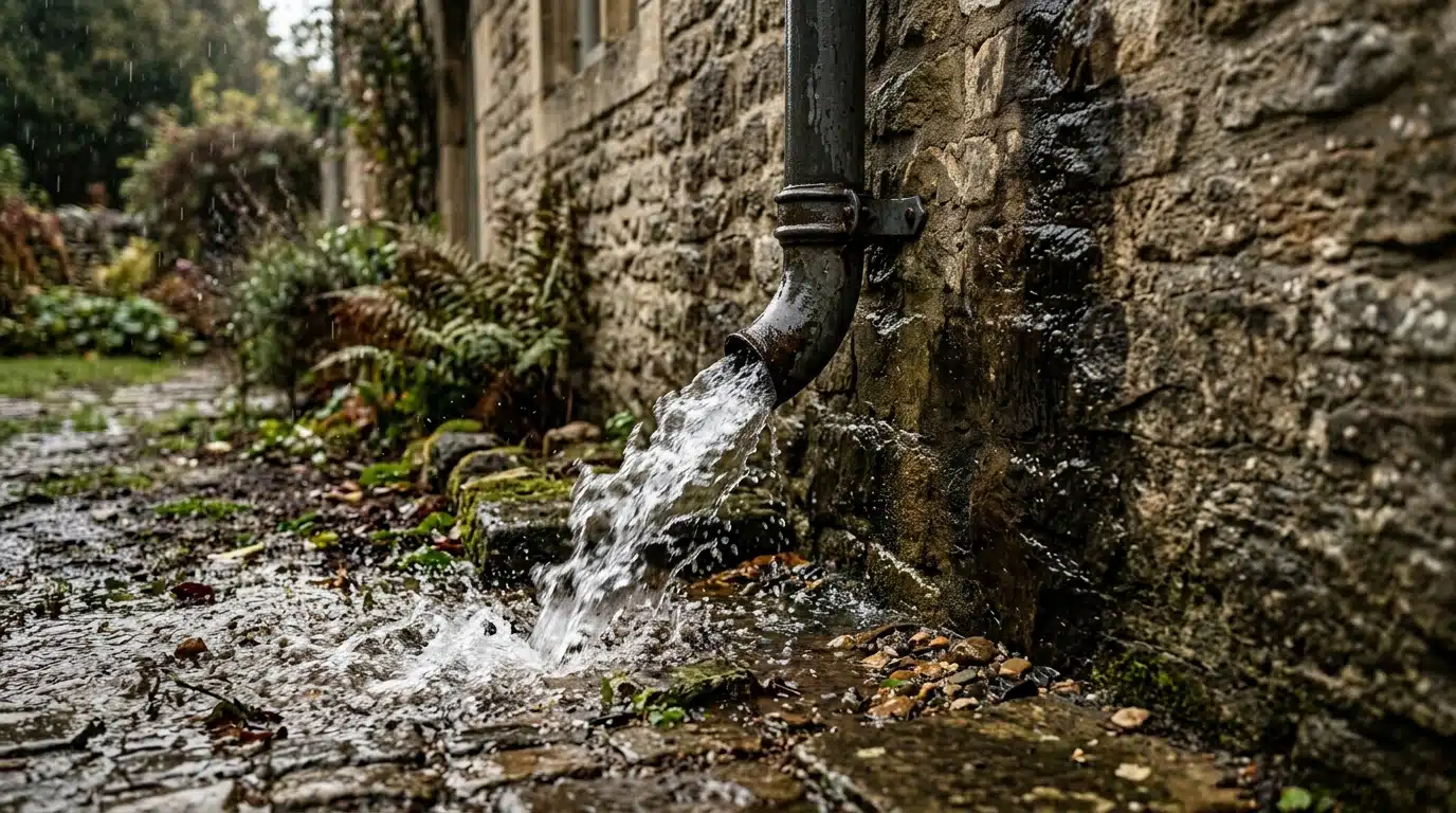 Eau de gouttière rejaillissant au pied d'un mur humide