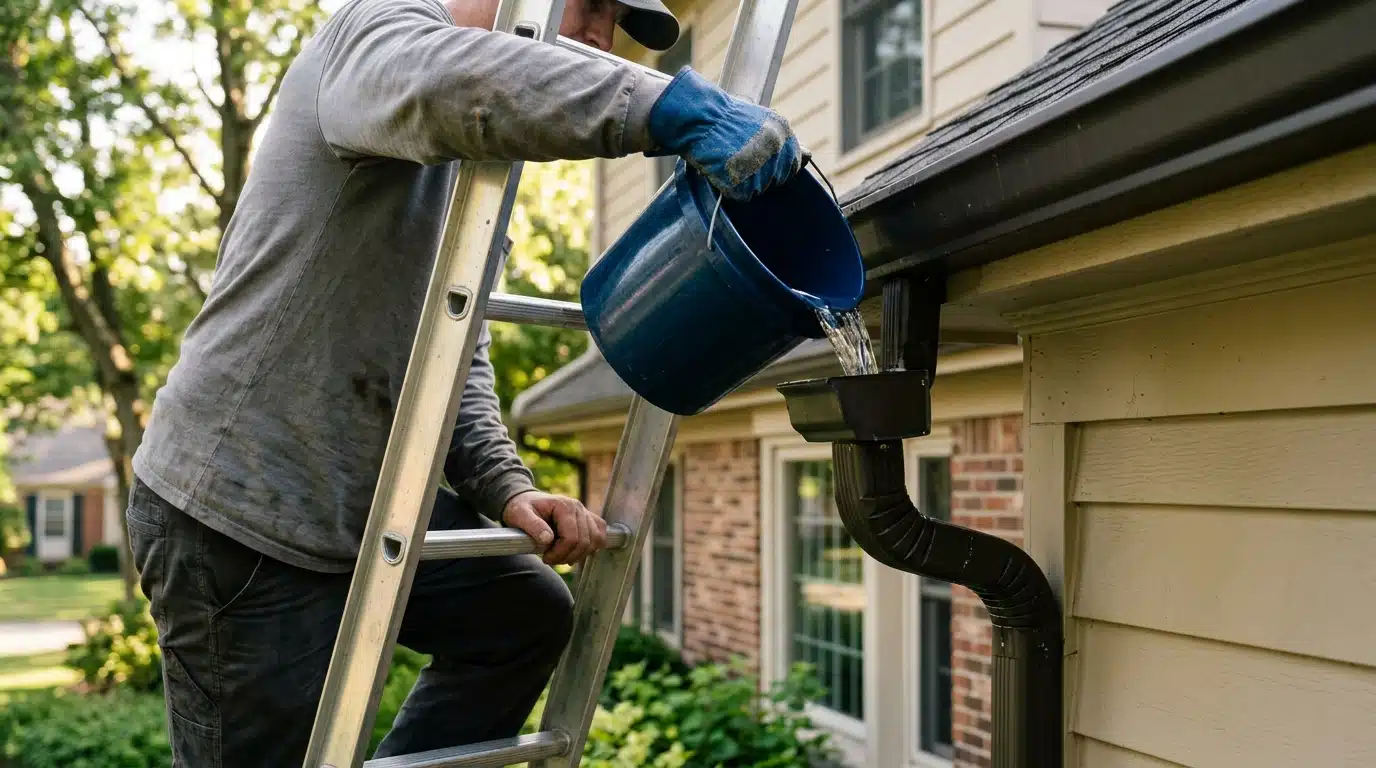 Main versant un seau d'eau dans une gouttière