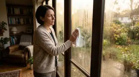 Femme essuyant une vitre embuée avec un chiffon sec