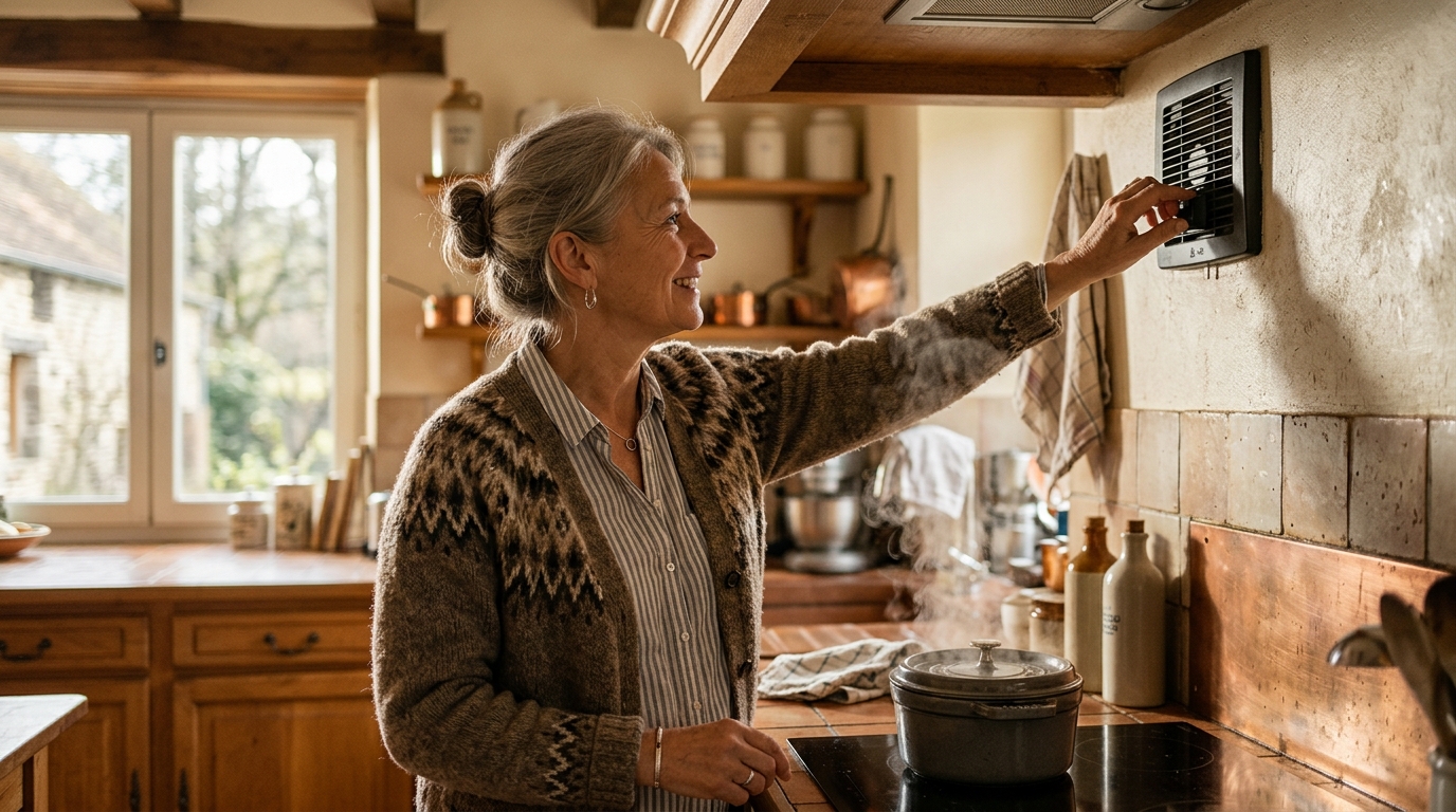 Main nettoyant une grille de ventilation dans la cuisine