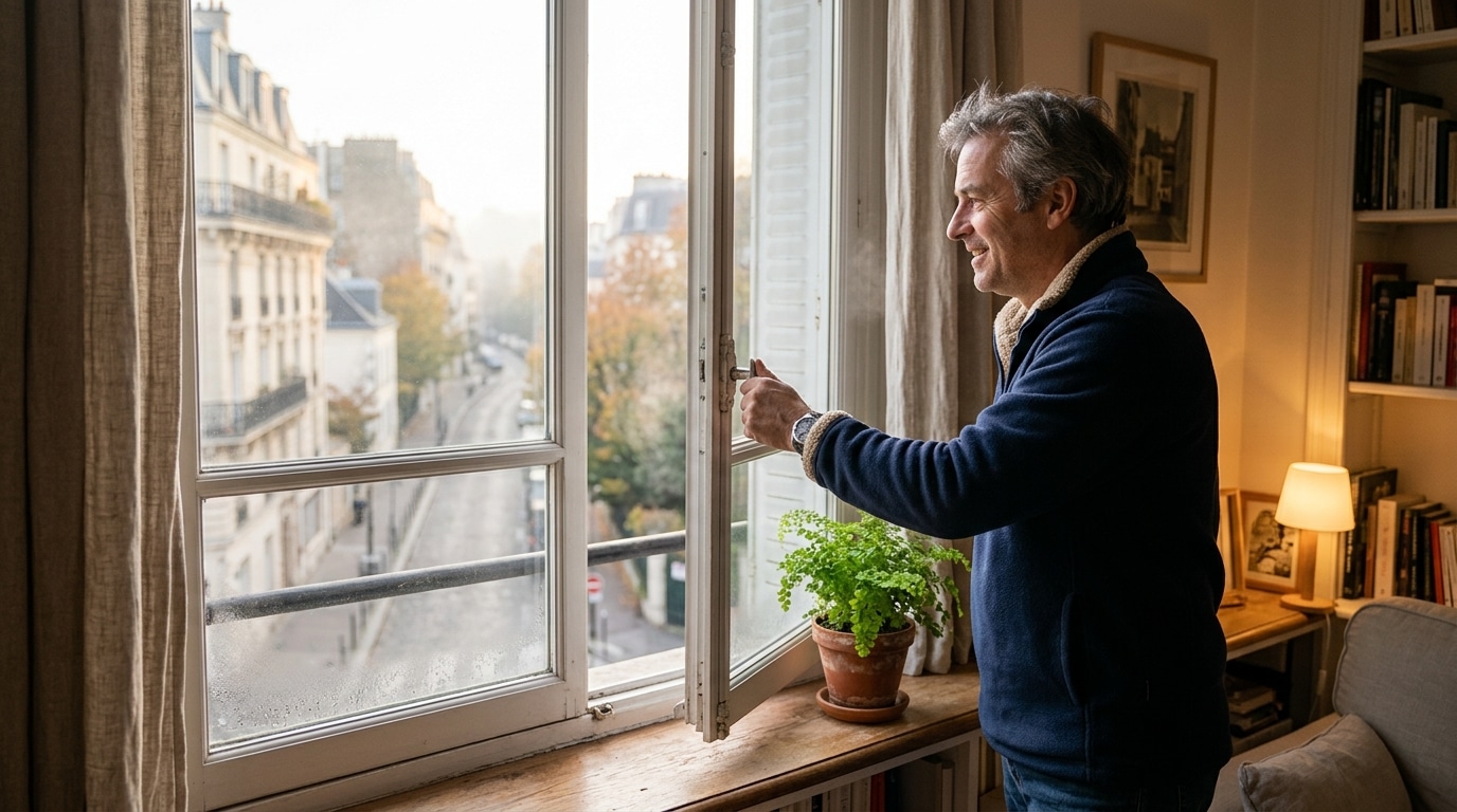Homme ouvrant une fenêtre pour aérer son logement en hiver