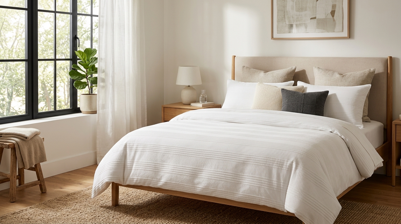 Lit habillé d'une parure blanche à tissu cannelé