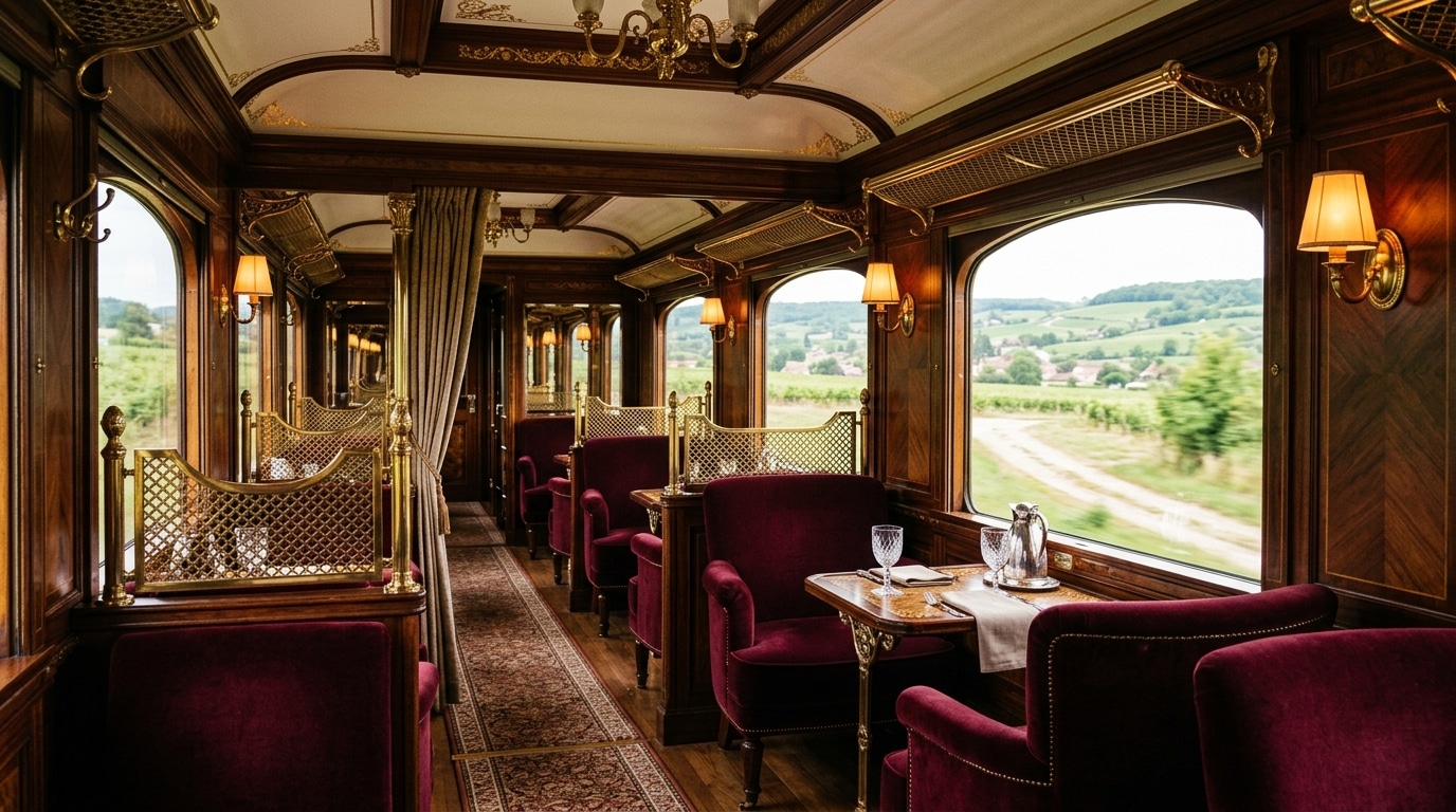 Intérieur luxueux d'un wagon de train style Belle Époque