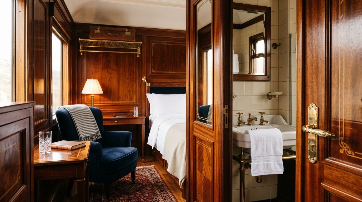 Suite privée avec salle d'eau dans un train de luxe