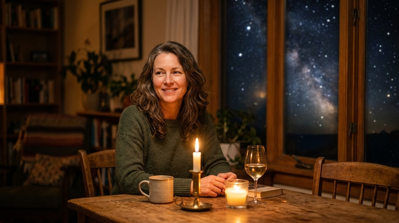 Femme souriante dans une ambiance dorée et mystique