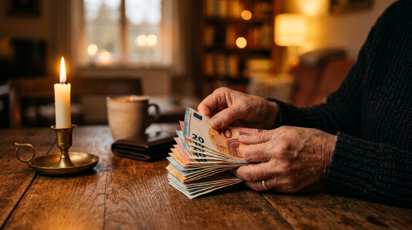 Mains comptant des billets à la lumière d'une bougie