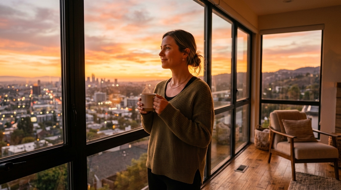 Femme confiante face au lever du soleil doré