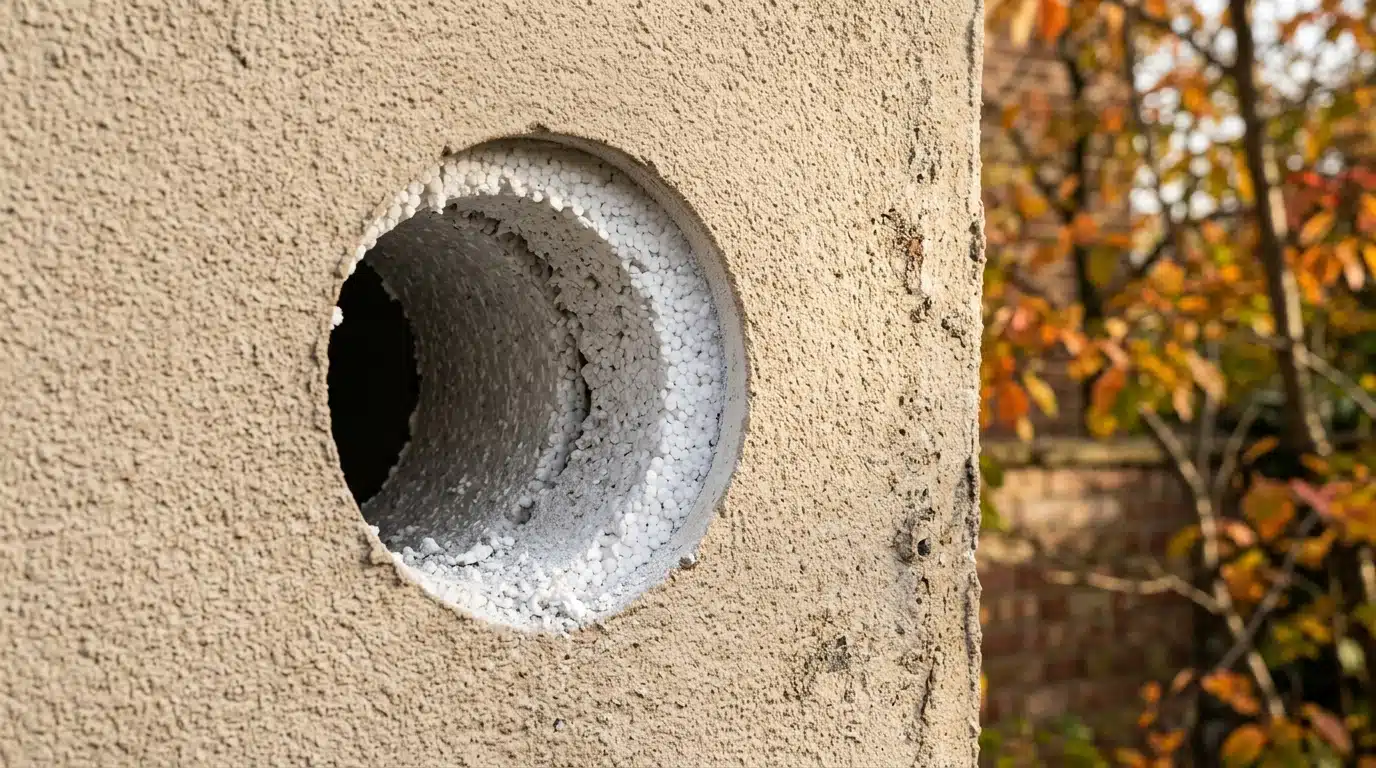 Trou rond percé dans l'enduit d'une façade isolée