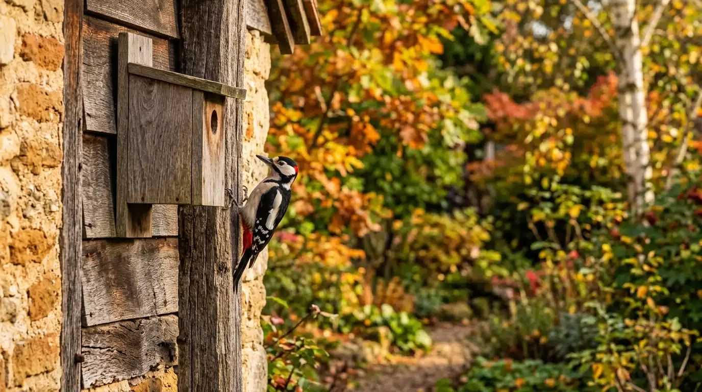 Pic épeiche perché près d'un nichoir en bois