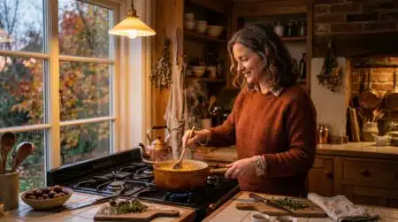 Femme préparant un velouté de châtaignes dans sa cuisine