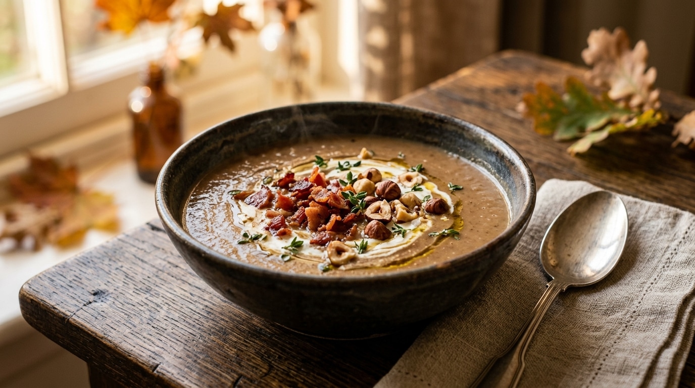 Bol de velouté de châtaignes garni de lardons croustillants
