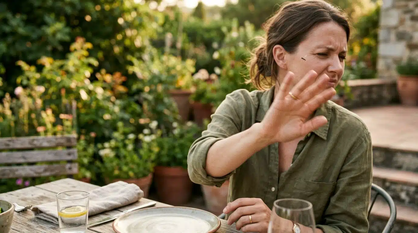 Personne chassant un moustique près d'une table extérieure