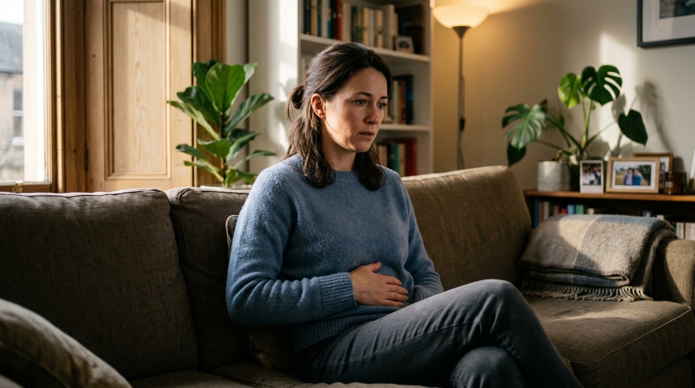 Femme inquiète touchant son ventre gonflé à la maison