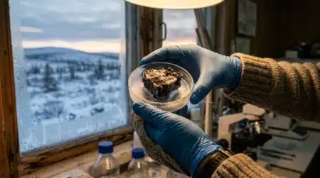 Scientifique examine un échantillon de permafrost sibérien gelé