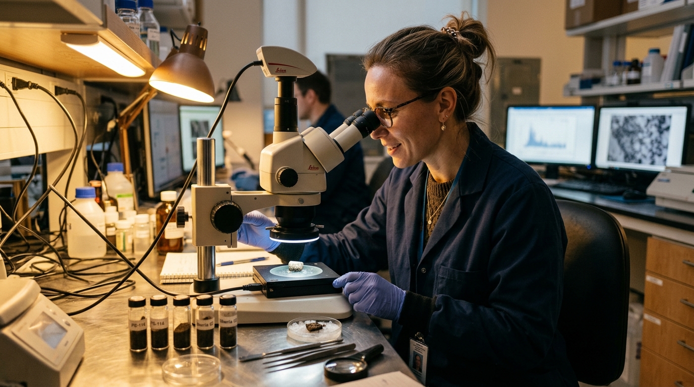 Chercheur observe au microscope un organisme ancien dégelé
