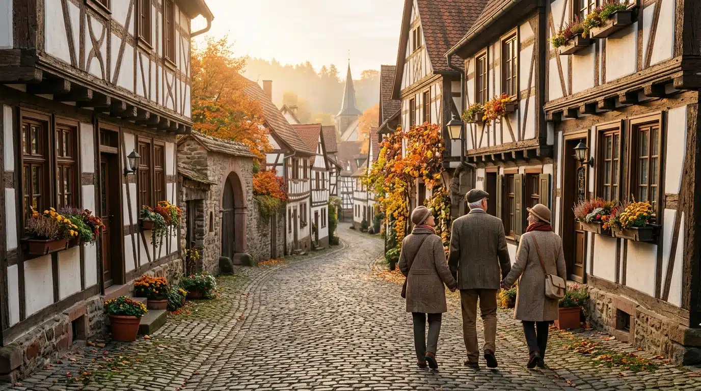 Ruelle pavée d'un village médiéval près de Paris à l'automne