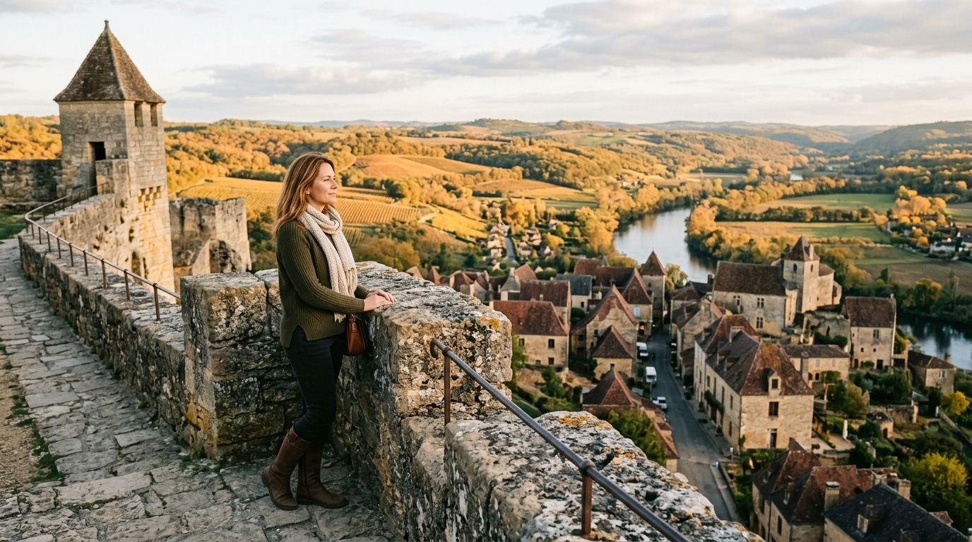 Promeneuse près des remparts d'un village médiéval français